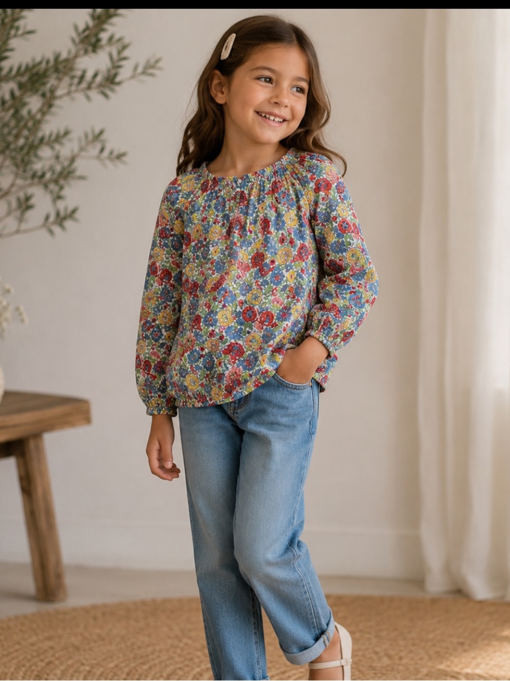 Ralph Lauren Multicolor Floral Peasant Blouse Gathered Neck Size 6 Cotton Garden